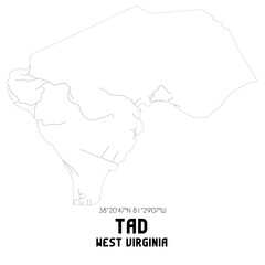 Tad West Virginia. US street map with black and white lines.