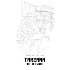 Tarzana California. US street map with black and white lines.