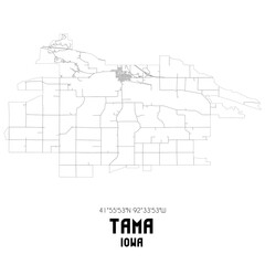Tama Iowa. US street map with black and white lines.