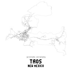 Taos New Mexico. US street map with black and white lines.