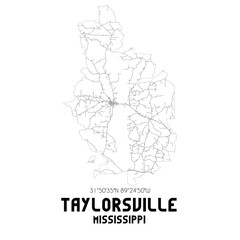 Taylorsville Mississippi. US street map with black and white lines.