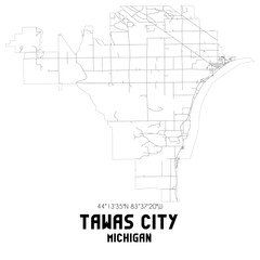 Tawas City Michigan. US street map with black and white lines.