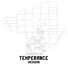 Temperance Michigan. US street map with black and white lines.