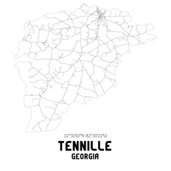 Tennille Georgia. US street map with black and white lines.