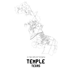 Temple Texas. US street map with black and white lines.
