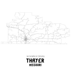 Thayer Missouri. US street map with black and white lines.