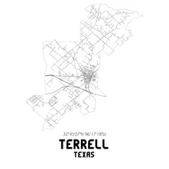 Terrell Texas. US street map with black and white lines.