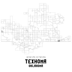 Texhoma Oklahoma. US street map with black and white lines.