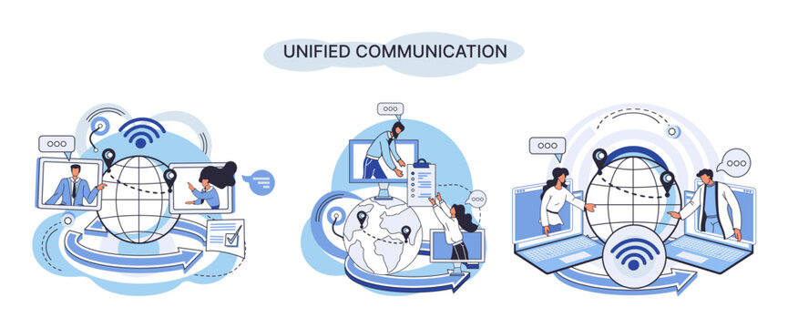 Unified Communication Metaphor. Characters Use Wireless Telephony Connection. Telecommunication System Via Cloud Or Network. Social Media Creative Idea. Online Social Network. Business Interaction App