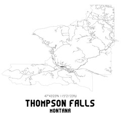 Thompson Falls Montana. US street map with black and white lines.