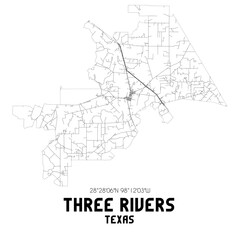 Three Rivers Texas. US street map with black and white lines.