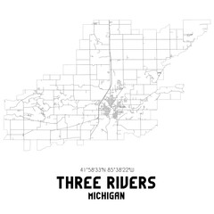Three Rivers Michigan. US street map with black and white lines.