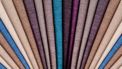 Bright collection of gunny textile samples. Fabric texture background.
