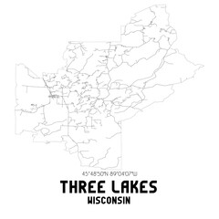 Three Lakes Wisconsin. US street map with black and white lines.
