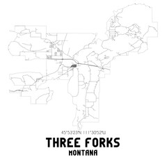 Three Forks Montana. US street map with black and white lines.