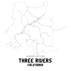 Three Rivers California. US street map with black and white lines.