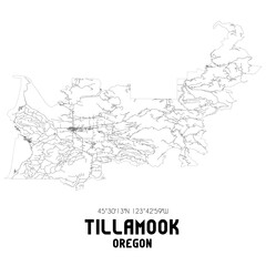 Tillamook Oregon. US street map with black and white lines.