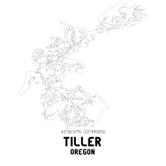 Tiller Oregon. US street map with black and white lines.