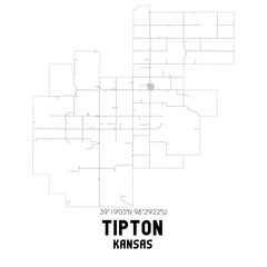 Tipton Kansas. US street map with black and white lines.