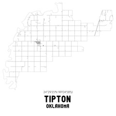 Tipton Oklahoma. US street map with black and white lines.