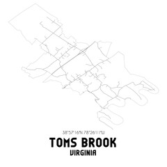 Toms Brook Virginia. US street map with black and white lines.
