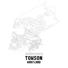 Towson Maryland. US street map with black and white lines.