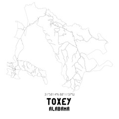 Toxey Alabama. US street map with black and white lines.