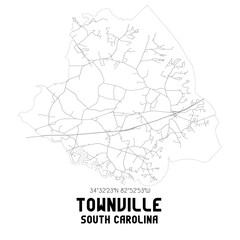 Townville South Carolina. US street map with black and white lines.