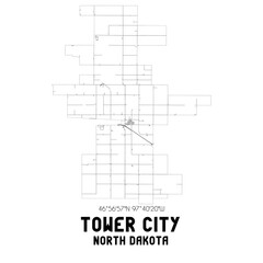 Tower City North Dakota. US street map with black and white lines.