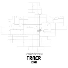 Traer Iowa. US street map with black and white lines.