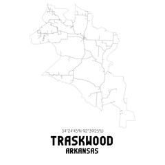 Traskwood Arkansas. US street map with black and white lines.