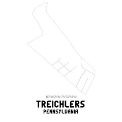 Treichlers Pennsylvania. US street map with black and white lines.