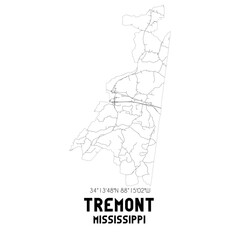 Tremont Mississippi. US street map with black and white lines.