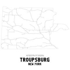 Troupsburg New York. US street map with black and white lines.