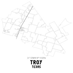 Troy Texas. US street map with black and white lines.