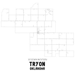 Tryon Oklahoma. US street map with black and white lines.