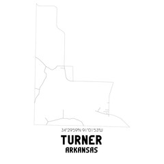 Turner Arkansas. US street map with black and white lines.
