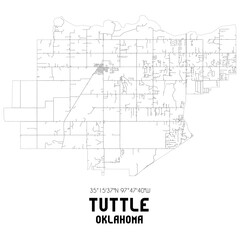 Tuttle Oklahoma. US street map with black and white lines.