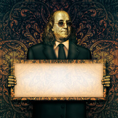 Blank Sign Held by Benjamin Franklin