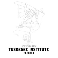 Tuskegee Institute Alabama. US street map with black and white lines.