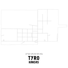 Tyro Kansas. US street map with black and white lines.