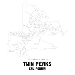 Twin Peaks California. US street map with black and white lines.