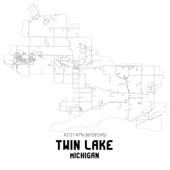 Twin Lake Michigan. US street map with black and white lines.