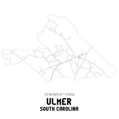 Ulmer South Carolina. US street map with black and white lines.