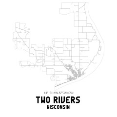 Two Rivers Wisconsin. US street map with black and white lines.