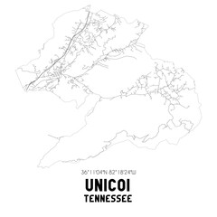 Unicoi Tennessee. US street map with black and white lines.