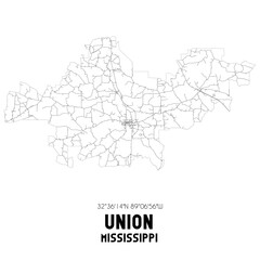 Union Mississippi. US street map with black and white lines.