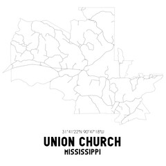 Union Church Mississippi. US street map with black and white lines.