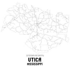 Utica Mississippi. US street map with black and white lines.