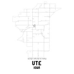 Ute Iowa. US street map with black and white lines.